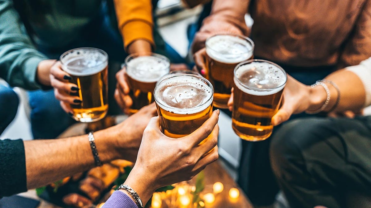 Group of friends drinking and toasting beer glass at Brewery Pub restaurant
